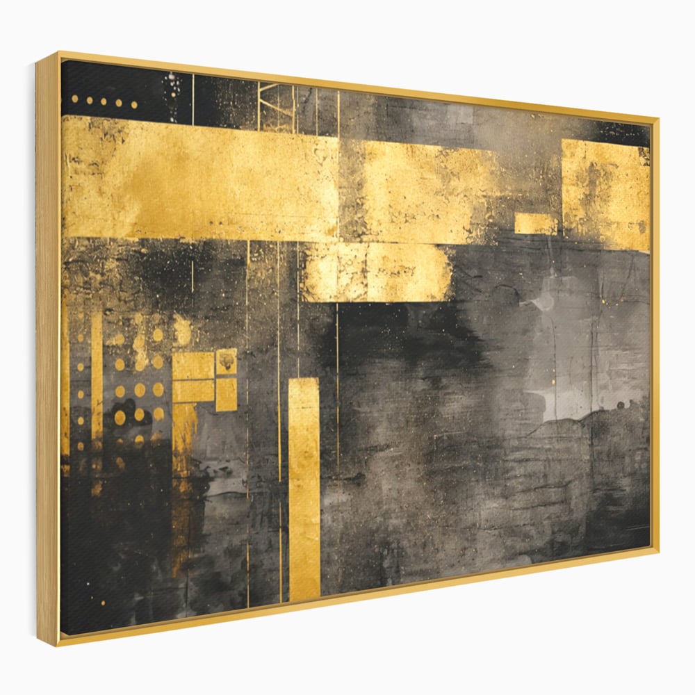 Tablou canvas cu pictura abstracta cu forme geometrice aurii, in rama de aluminiu auriu